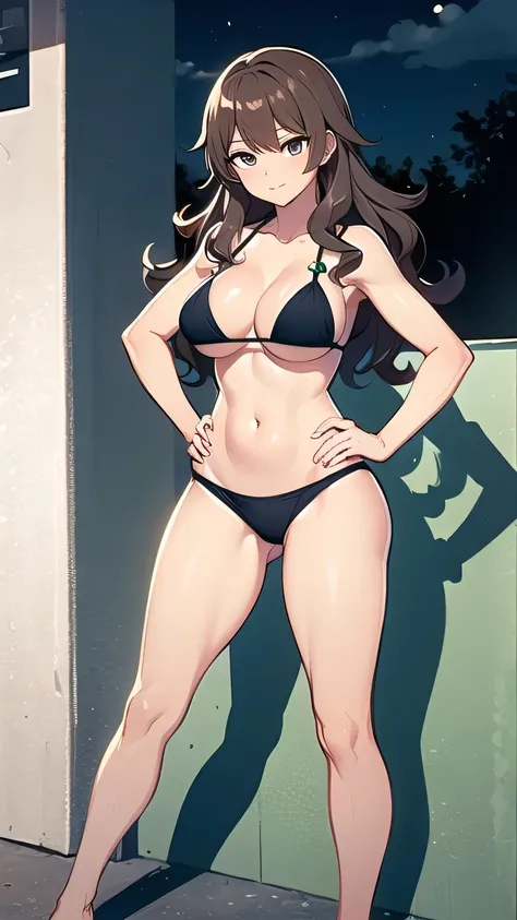 1 woman, wavy brown hair, sly face , black bikini , big breasts , Long legs , hands on hips , Barefoot , wall , rubbish bin , nighttime