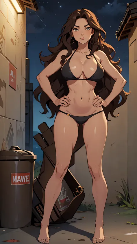 1 woman, wavy brown hair, sly face , black bikini , big breasts , Long legs , hands on hips , Barefoot , wall , rubbish bin , nighttime