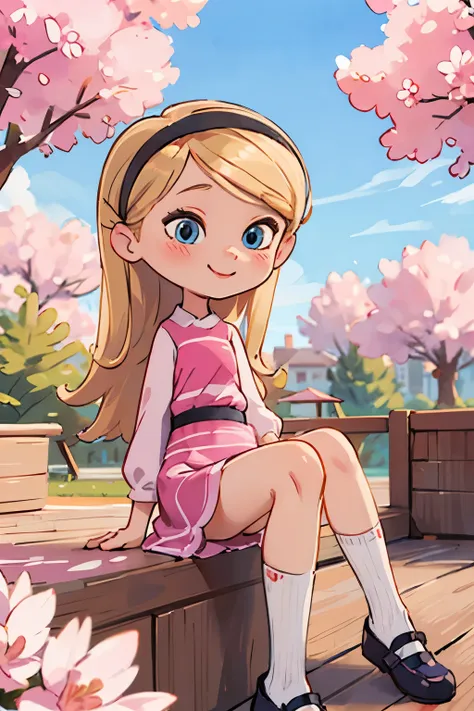 the beautiful girl wearing a , nine years old, has long blonde hair, hairband, blue eyes, ((pink dress)), puffy sleeves, white t...