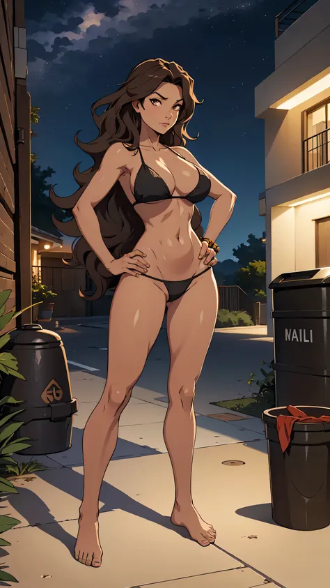 1 woman, wavy brown hair, sly face , black bikini , big breasts , Long legs , hands on hips , Barefoot , wall , rubbish bin , nighttime