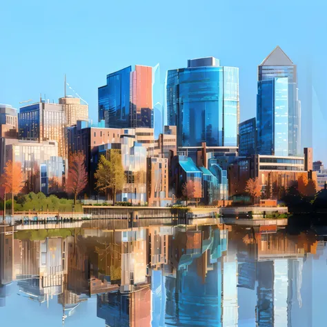 buildings reflected in the water of a city lake, building along a river, techno city in the background, round building in the ba...