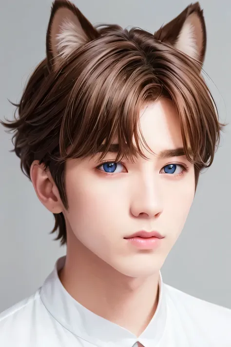 １male、Creating aesthetics、highest quality、masterpiece、8k、Blurred feeling、Realistic Skin、(head shot:1.45)、(Brown Hair:1.23)、Disheveled Hair、(Dog Ears)、choker、blue eyes、White clothes、White background、profile