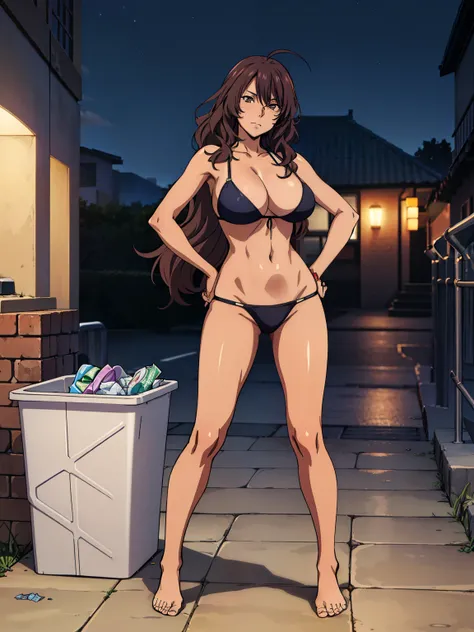 1 woman, wavy brown hair, sly face , black bikini , big breasts , Long legs , hands on hips , Barefoot , wall , rubbish bin , nighttime