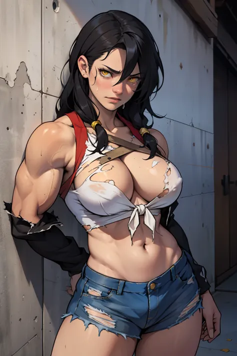 a tied up woman with torn clothes whos crying black hair yellow eyes muscular girl large breasts