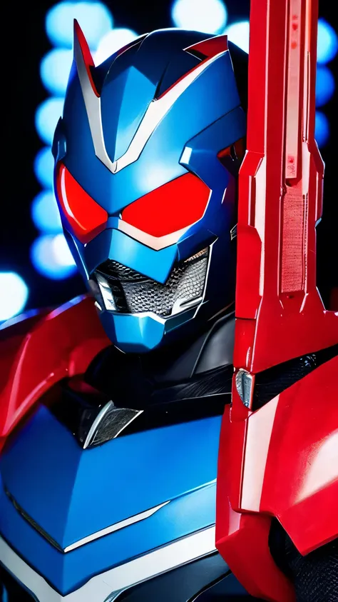 blue kamen rider、Has a red sword、skyscraper