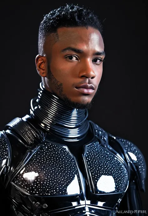 Young african American man with a low fade wearing a black transparent latex suit，Translucent latex garments：1.5)，(Metallic body, bionic scifi alexandre ferra, cyborg neck, cyborg male, male cyborg, cyborg fashion model, portrait of a cyborg, detailed port...