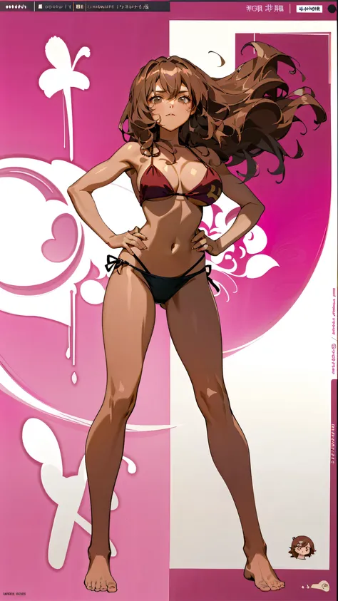 Masterpiece, best quality, Masterpiece, best quality, 1 woman, wavy brown hair , sly face , pink bikini , abdomen, big breasts , Long legs , Barefoot , hands on hips , convenience store