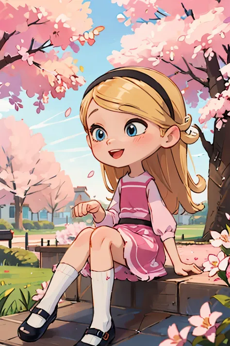 the beautiful girl wearing a , nine years old, has long blonde hair, hairband, blue eyes, ((pink dress)), puffy sleeves, white t...