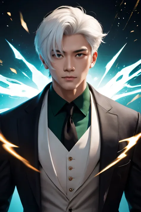 fool,Asian people,18 years old,white hair,wearing a black suit,Stand firm and use the power of time.,By giving the color of power to green..,Focus on your right hand..,and turned to look at his own power