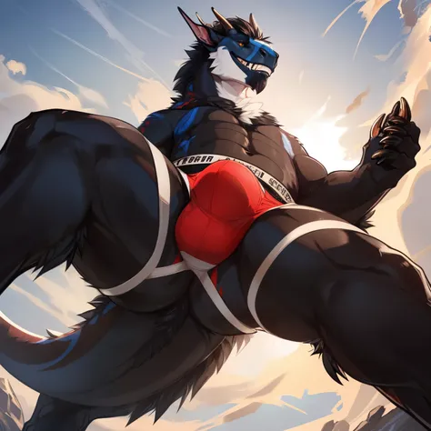 art by raptoral,by arsauron,felkin,(feral,four legged,detailed face,jockstrap, bulge),(sfw artwork),low angle view,