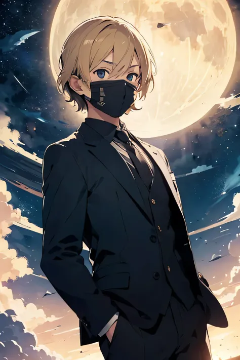 ((best quality)), man, blonde hair, jacket suit, with mask, earth, cool, in moon