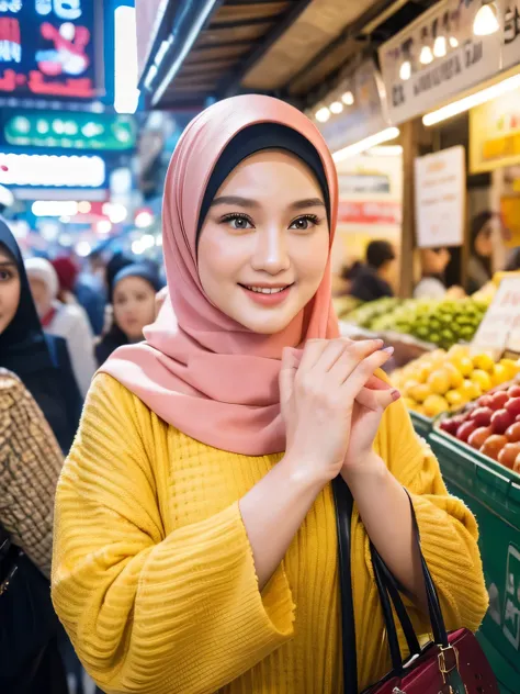 A beauty Indonesian woman with hijab, holding a handbag, shopping in the market, beautiful detailed eyes, beautiful detailed lips, extremely detailed eyes and face, long eyelashes, cheerful expression, perfect hands, handbag in hand, shopping in a vibrant ...