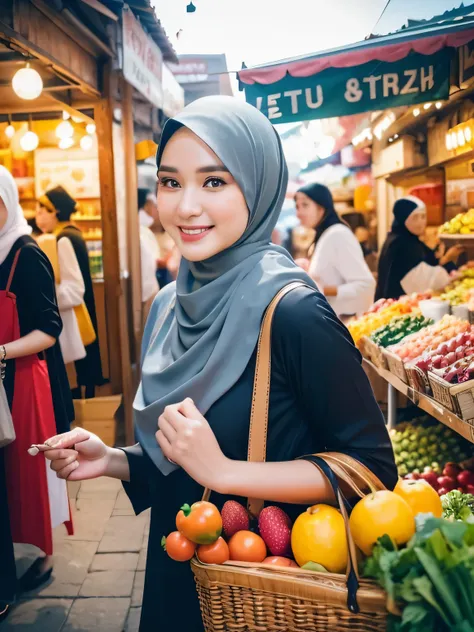 A beauty Indonesian woman with hijab, holding a handbag, shopping in the market, beautiful detailed eyes, beautiful detailed lips, extremely detailed eyes and face, long eyelashes, cheerful expression, perfect hands, handbag in hand, shopping in a vibrant ...