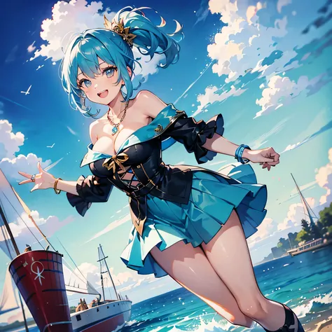 Anime Moe Art Style,highest quality,High resolution,One Girl,Anatomically correct,Mid-teens,A girl with light blue hair in a ponytail,Super detailed,Fantasy-inspired costumes,off shoulder tops,mini skirt,big breast cleavage,Active,Raise both arms and legs ...