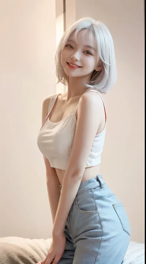 Best image quality、RAW Photos、超A high resolution、21 years old Korean、Small breasts、Dynamic Angle、Cowboy Shot、Chaos in its most beautiful form、elegant、brutalism design、Vibrant colors、Beautiful white hair、Short Bob、smile、fun、smile、Glowing White Skin、Beautifu...