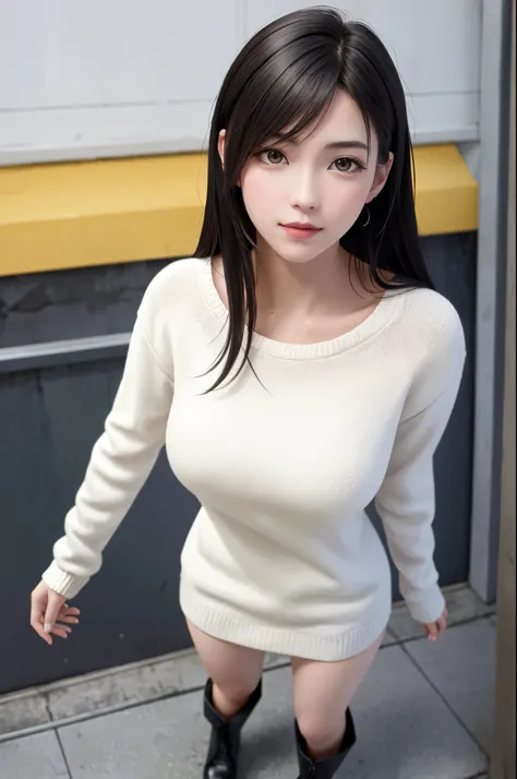 (top quality, masterpiece: 1.1), (Realistic: 1.3), (photo Realistic: 1.3), BREAK {{{FF7,Tifa_lockhart,solo}}},(Wearing loose knit-dress:1.3,oversized sweater:1.3,long sleeve:1.2,white sweater),((short pants)),(tight very long boots:1.2),(Shibuya, Tokyo, bi...