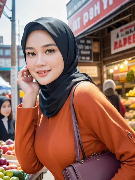 A beauty Indonesian woman with hijab, holding a handbag, shopping in the market, beautiful detailed eyes, beautiful detailed lips, extremely detailed eyes and face, long eyelashes, cheerful expression, perfect hands, handbag in hand, shopping in a vibrant ...