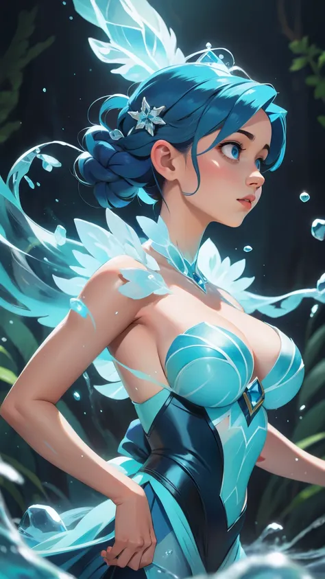 a painting of a woman with blue hair and a blue dress, luminous water elemental, iridescence water elemental, ice sorceress, asian female water elemental, beautiful ancient frost witch, ethereal!!!!!!!, water elemental, ethereal essence, ethereal skin, glo...