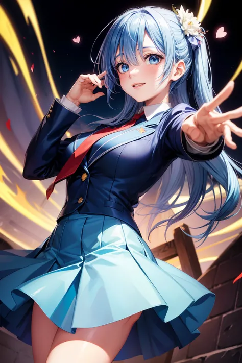 A  from the anime with blue hair, blue eyes and a sweet smile stands in the center of an illustration for Valentines Day. She is wearing a blue skirt suit over a white shirt and a red tie with the inscription "Rem 100%". In the background, there are hearts...