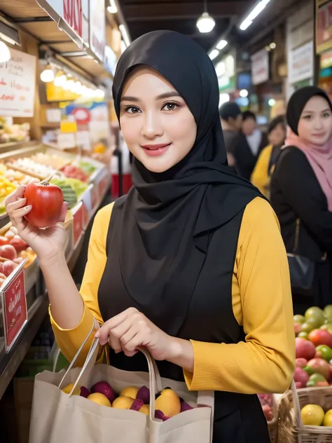 A beauty Indonesian woman with hijab, holding a handbag, shopping in the market, beautiful detailed eyes, beautiful detailed lips, extremely detailed eyes and face, long eyelashes, cheerful expression, perfect hands, handbag in hand, shopping in a vibrant ...