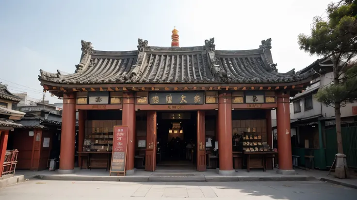 A store with a red sign in fronays &quot;Any request will be answered&quot;, chinese temple, like jiufen, taoist temples and monks, From the outside, Front view, a temple, buddhist temple, Front view, Full view, Chinese, Chinatown, Chinese Architecture, tr...