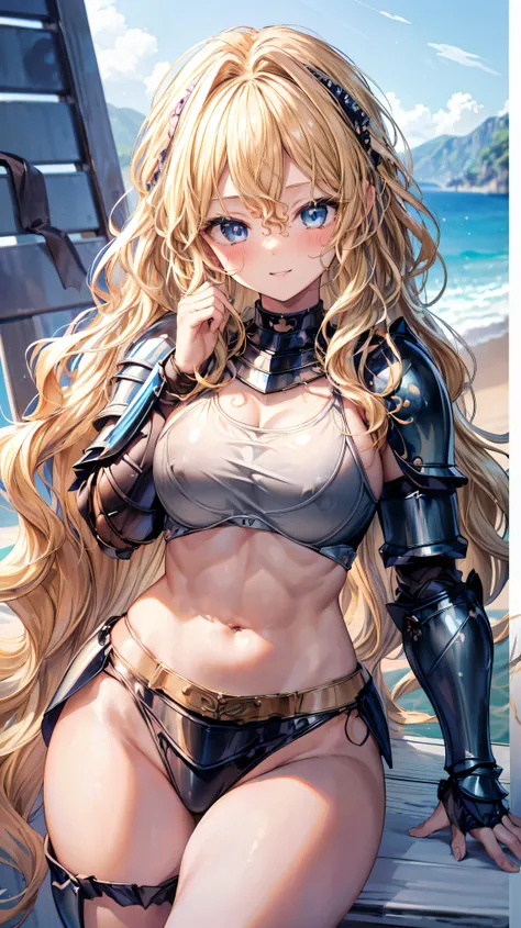 Very detailed、highest quality、Best image quality、masterpiece、8k、Anime Face、A kind smile、Open your mouth、Sparkling blue eyes、(Blonde wavy hair:1.5)、、Muscles of the whole body、Hands on hips、camisole、Thigh belt、mini skirt、(Wearing bikini armor:1.5)