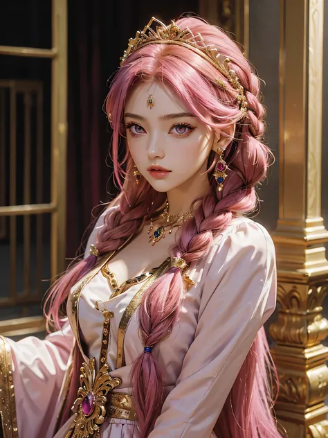 (masterpiece), best quality, expressive eyes, perfect face, 1girl, goddess, portrait, fuchsia hair, long hair, two braids, pink eyes, gold earrings, gold accessories, tiara, greek style dress