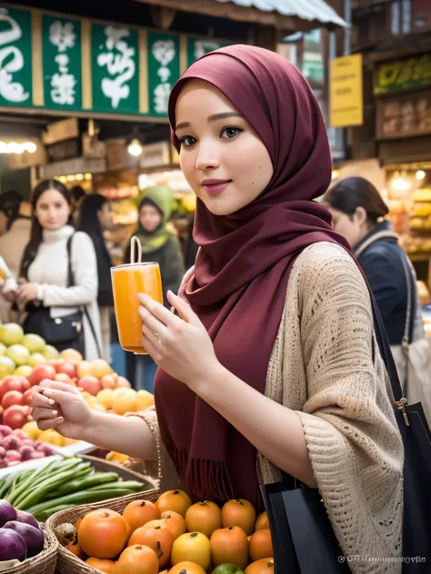 A beauty Jennifer Lawrence with hijab, holding a handbag, shopping in the market, beautiful detailed eyes, beautiful detailed lips, extremely detailed eyes and face, long eyelashes, cheerful expression, perfect hands, handbag in hand, shopping in a vibrant...