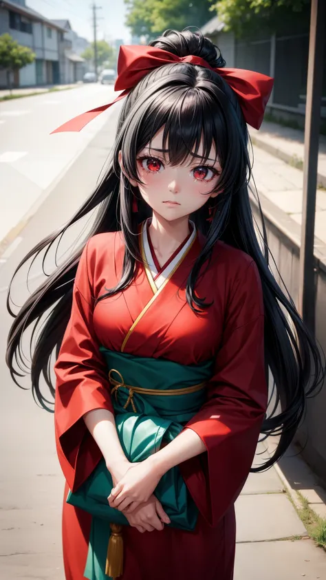 A screenshot of an anime shows a beautiful black-haired girl with red ribbons in her hair looking at the camera and crying in the style of Japanese animation. --niji