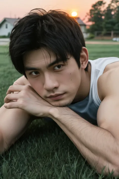 photo of a muscular Asian boy, short hair, wearing a tank top, outside a house, laying down on grass, sunset, looking at viewer,  . Extremely high-resolution details, photographic, realism pushed to extreme, fine texture, incredibly lifelike