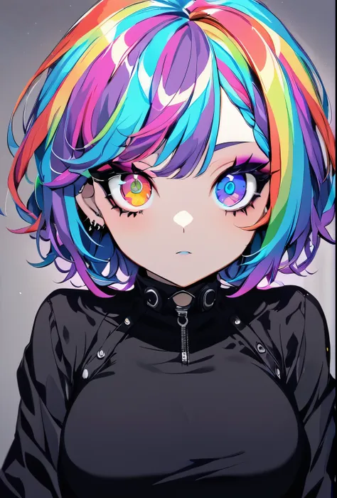 holo-punk style, 1girl, solo, goth ,short messy hair with long sides, short hair, eyeshadow, mascara, color: spectrum, vivid col...