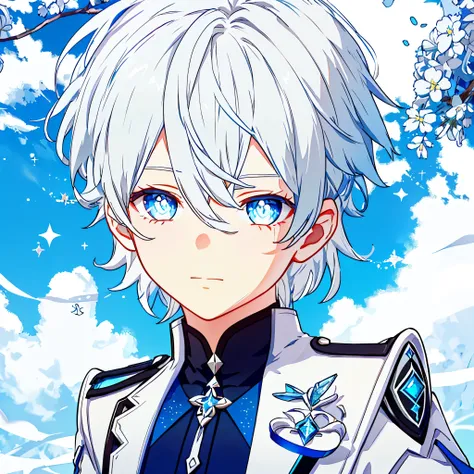 1 boy, white hair, blue sparkling eyes, handsome， the upper part of the body，short hair， exteriors， daysieackgound， blue-sky， sk...