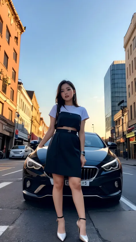 a woman and a car, buildings, clouds in the sky, the woman standing spread legs, downtown,