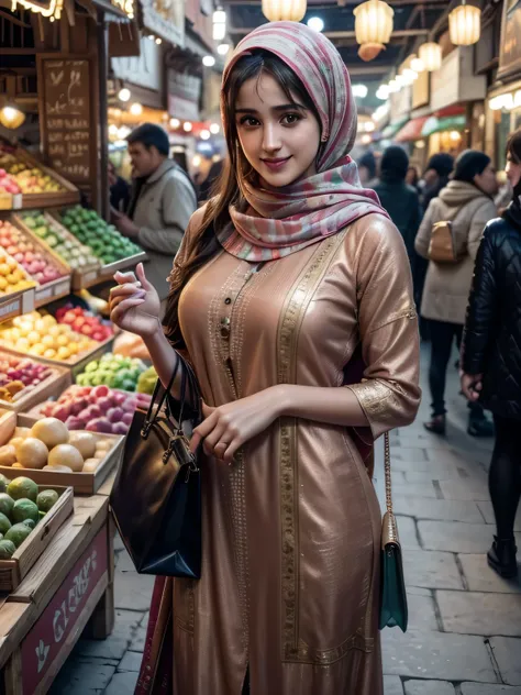 A beauty Disha Patani with hijab, holding a handbag, shopping in the market, beautiful detailed eyes, beautiful detailed lips, extremely detailed eyes and face, long eyelashes, cheerful expression, perfect hands, handbag in hand, shopping in a vibrant mark...