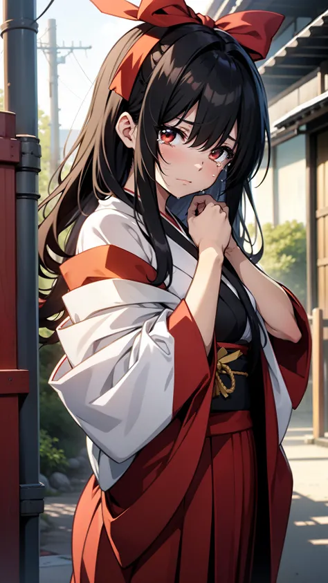 A screenshot of an anime shows a beautiful black-haired girl with red ribbons in her hair looking at the camera and crying in the style of Japanese animation. --niji