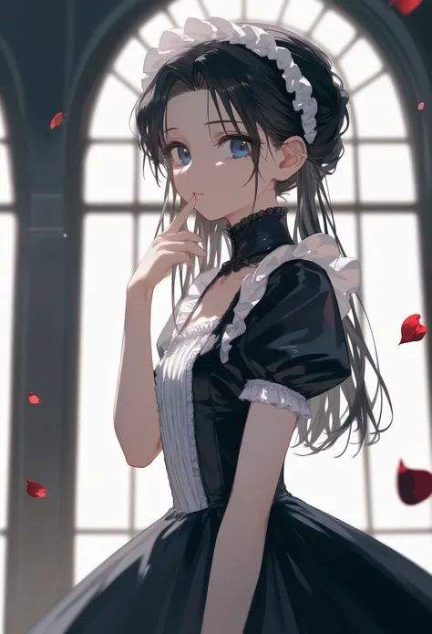 masterpiece, T-ponyai3 style, upper body, score_9, score_8_up, score_7_up, portrait, 1girl, solo, black hair, long hair, parted bangs, dark blue eyes, innexpressive, pale skin, small breasts, upper body, victorian fashion, black dress, frilled dress, short...