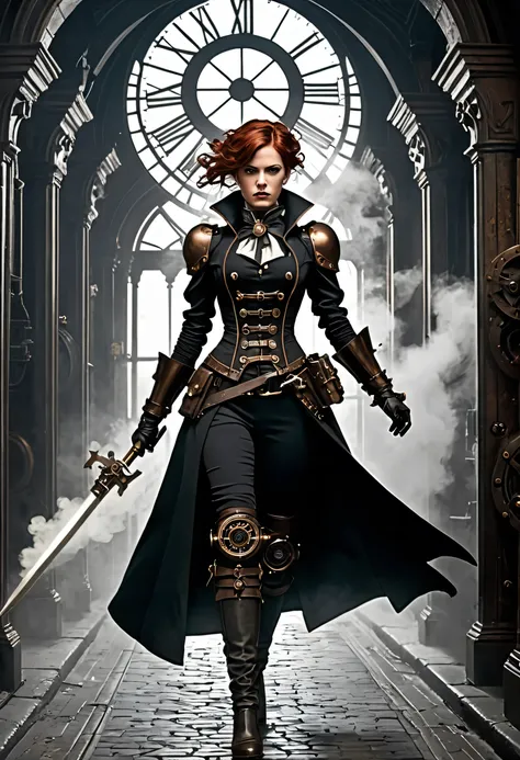 gothic style Conjure the image of a fierce Decopunk warrior navigating through a gritty Steampunk setting, where intricate gadgetry and clockwork mechanisms rule supreme. Their body embodies the rebellious spirit of the Decopunk subgenre. Copper piping and...