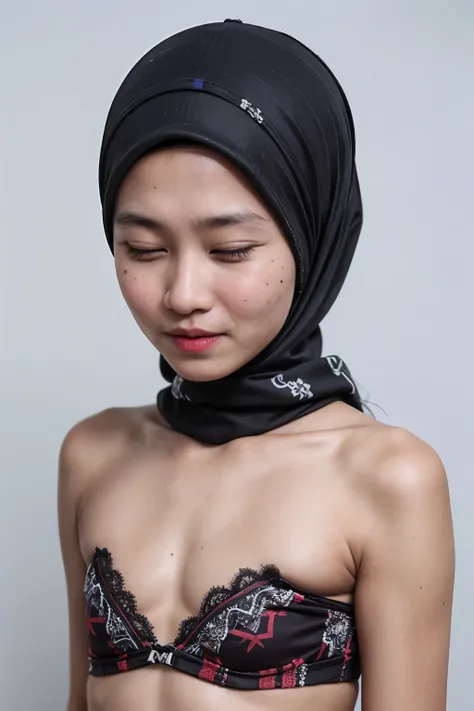 ((Small Tits:0.9)), ((Flat Chest:1.6)), Wear sunglasses and act like Rosyam, ((Closed Eyes)), ((Strapless Colourful bra Flat Chest)), Naked, Angry pose, Angry face, (((HIJAB MALAY GIRL))), masutepiece, High quality, UHD 45K, Realistic face, Realistic skin ...