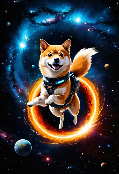 Shiba Inu, fying in space, flying towards a black hole in space,