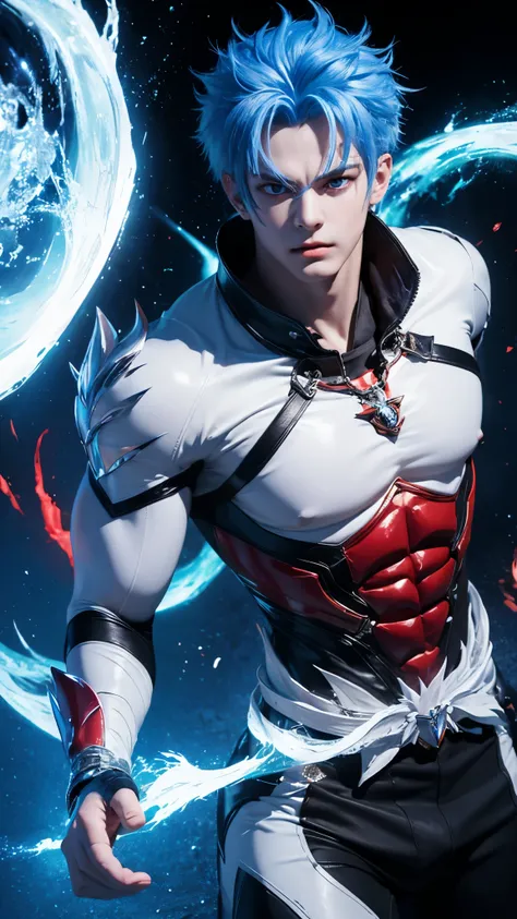 "Enjoy a visual feast as you witness the astonishing transformation of the handsome 20-year-old Garou, a being of unparalleled strength and captivating aura. With vibrant blue hair and piercing red eyes , this energetic person will surprise you."