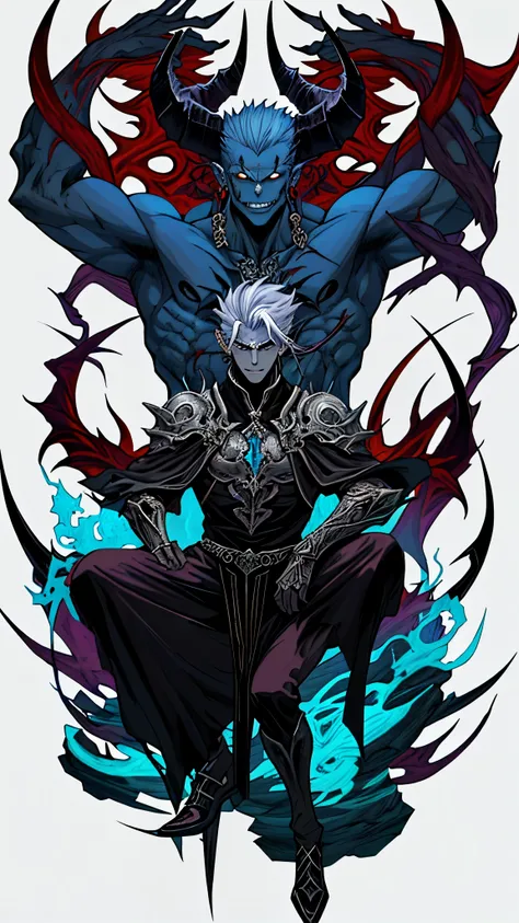 un dibujo de un demonio demoniaco con cuernos y sangre en la cara, Demonio masculino en forma con cuernos blancos., demon lord, demon soul concept art, hermoso dios masculino de la muerte, djinn Hombre Demonio Masculino, demonio masculino, Hombre Demonio M...