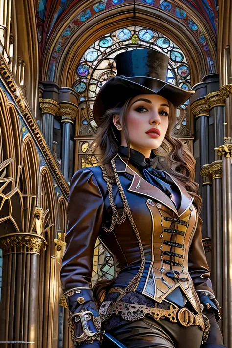 Hyperrealist full shot of a sexy malicious steampunk gal by david hockney and alphonse mucha,photography art, photo hyper-realistic, dynamic lighting, artstation, poster, volumetric lighting, very detailed faces, 4 k, award winning, 1girl, gothic cathedral...