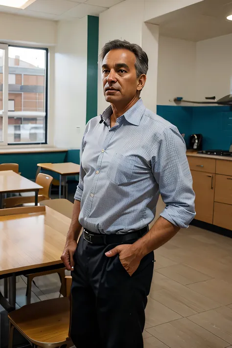 50 year old male college professor standing in college canteen with shocking expression