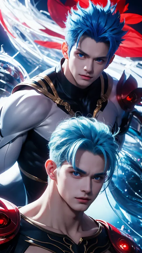 "Enjoy a visual feast as you witness the astonishing transformation of the handsome 20-year-old Garou, a being of unparalleled strength and captivating aura. With vibrant blue hair and piercing red eyes , this energetic person will surprise you."