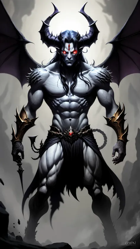 un dibujo de un demonio demoniaco con cuernos y sangre en la cara, Demonio masculino en forma con cuernos blancos., demon lord, demon soul concept art, hermoso dios masculino de la muerte, djinn Hombre Demonio Masculino, demonio masculino, Hombre Demonio M...