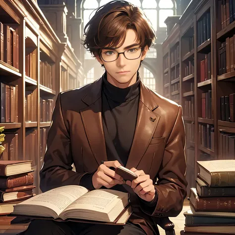 1 man 20-year-old reading the book, brown leather boots, professor look, lean body, short light, glasses wearing, brown hair, bright golden eyes, fantasy theme (object: books is floating around), handsome face, silence face, Intelledge look, academy librar...