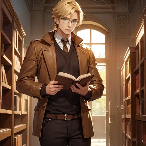 1 man 20-year-old reading the book, brown leather boots, professor look, lean body, short light, glasses wearing, blonde golden hair, bright golden eyes, fantasy theme, handsome face, sotem face,