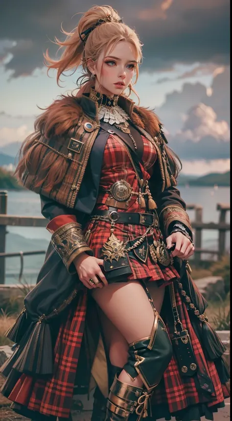 Beautiful woman in insanely intricate Scottish highlander Outfit