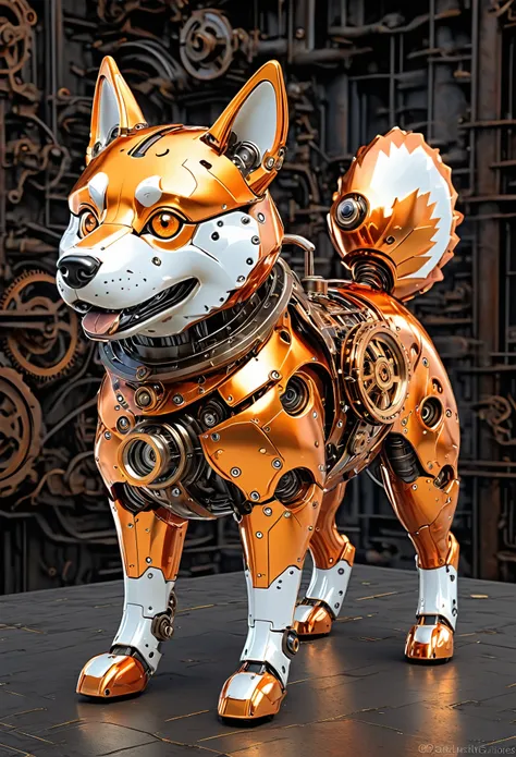 a mechanical shiba inu,orange metallic material,detailed gears,sparkling eyes,shiny surface,mechanical movement,life-like design...