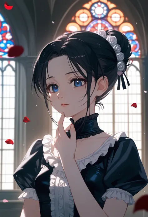masterpiece, T-ponyai3 style, upper body, score_9, score_8_up, score_7_up, portrait, 1girl, solo, black hair, tied hair, hair bun, parted bangs, dark blue eyes, innexpressive, pale skin, small breasts, upper body, victorian fashion, black dress, frilled dr...